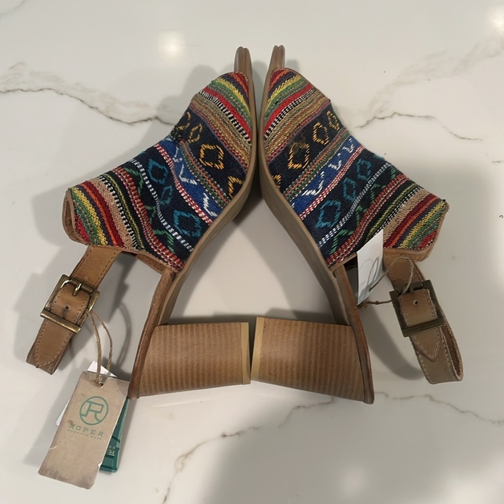ROPER MIKA SOUTHWEST TAPESTRY SLINGBACK PEEP TOE BLOCK HEEL SANDALS - Picture 8 of 13